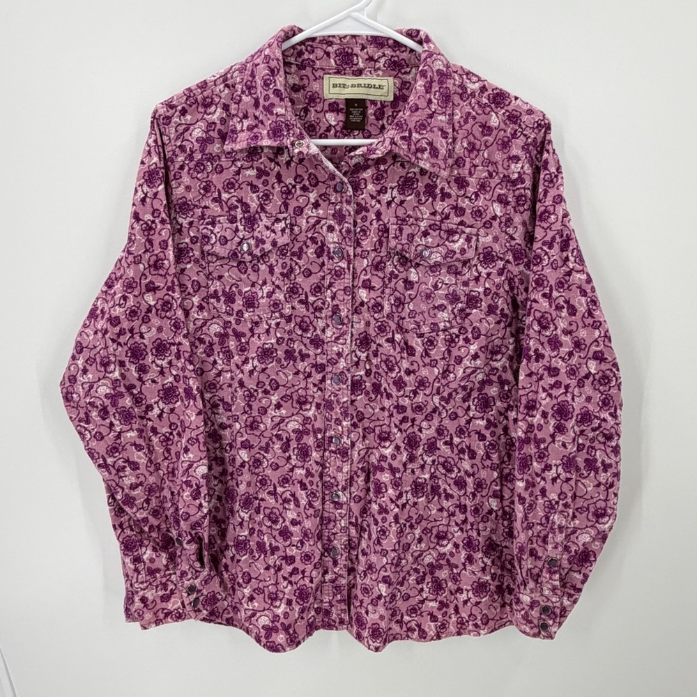 Bit & Bridle Western Snap Shirt Floral Corduroy XL Purple Cowgirl Boho cotton